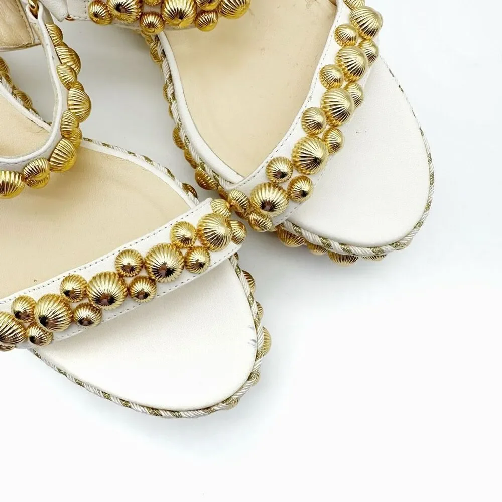 CHRISTIAN LOUBOUTIN Rondaclou Studded Chunky Wedge Heels Size 37 Sandals White